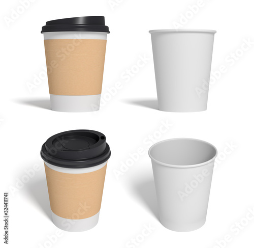 Coffee cup. Set of four closed cup. Takeout drinks, morning coffee. Isolated on a white. 3d rendering