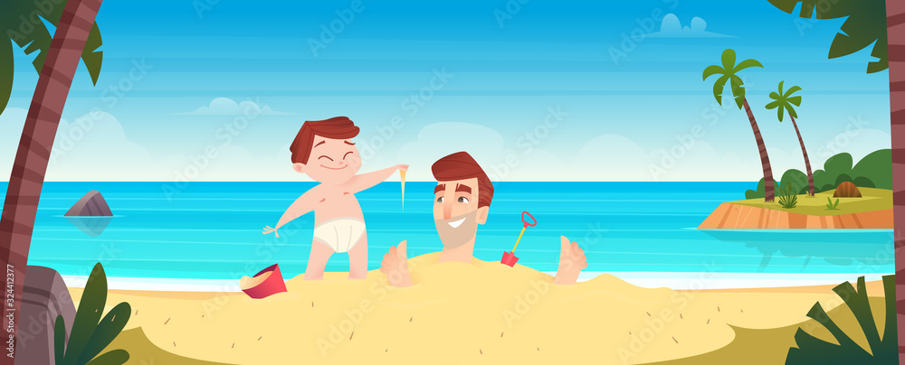 Father and son are resting and playing on a tropical beach. Family Summer Vacation Concept