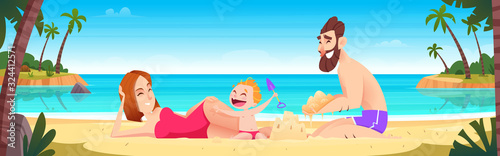 Family vacation concept at tropical resort. Charming kid and dad build a sand castle while mom watches