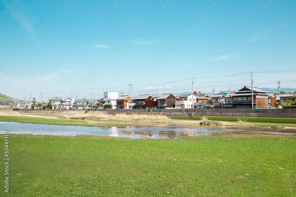 Kanonji countryside village with Saita river in Kagawa, Japan