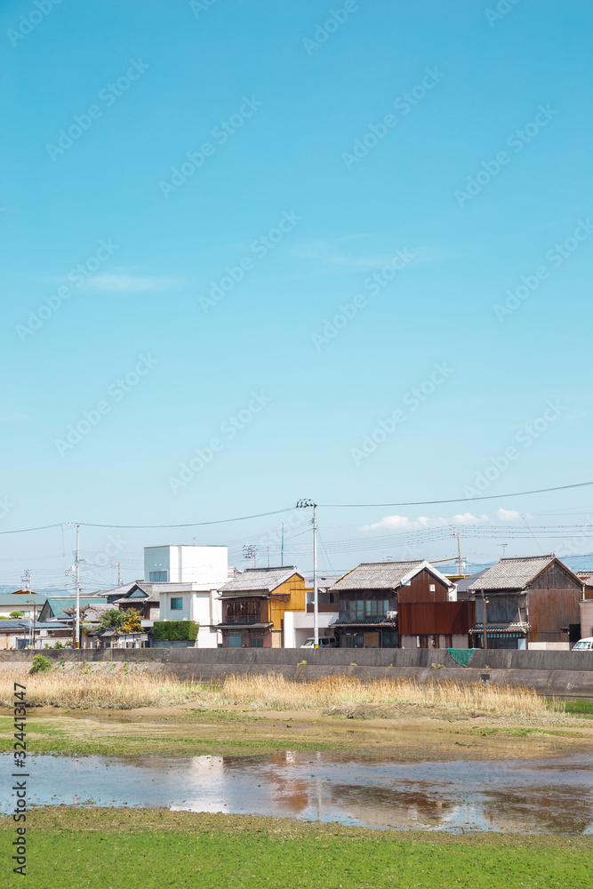 Kanonji countryside village with Saita river in Kagawa, Japan