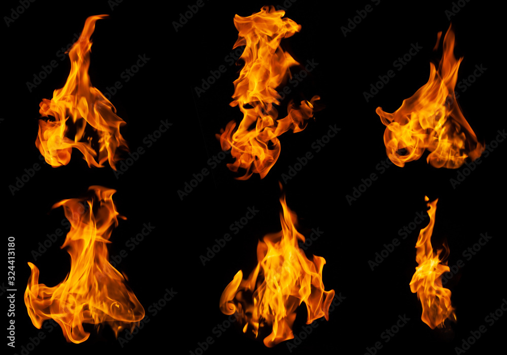 Fire collection set of flame burning isolated on dark background for graphic design purpose Fire collection set of flame burning isolated on dark background for graphic design purpose