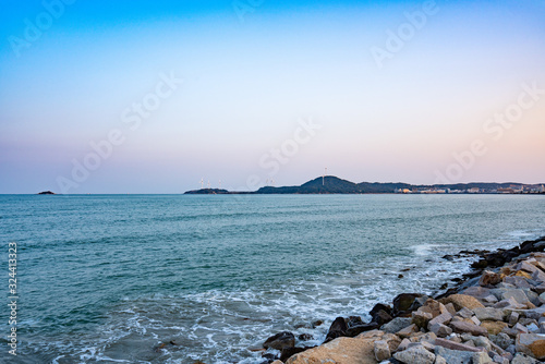 Sunset blues hour shantou city coastal scenery photo