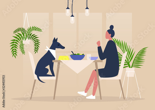 Young female character having dinner with their dog at the table, pampered animals, millennials being crazy over dogs