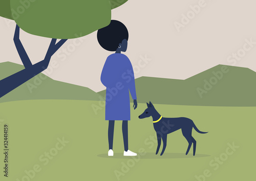 Young black female character walking with their dog in the woods, outdoor leisure activities, summer time