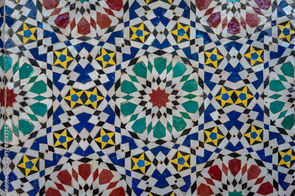 Multi-colored ornamental wall mosaic in Morocco