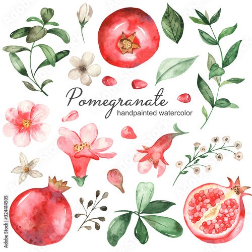 Watercolor set with pomegranate, flowers, leaves, half pomegranate, grains.