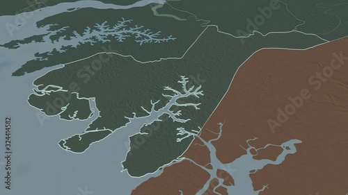 Tombali, region with its capital, zoomed and extruded on the administrative map of Guinea Bissau in the conformal Stereographic projection. Animation 3D photo