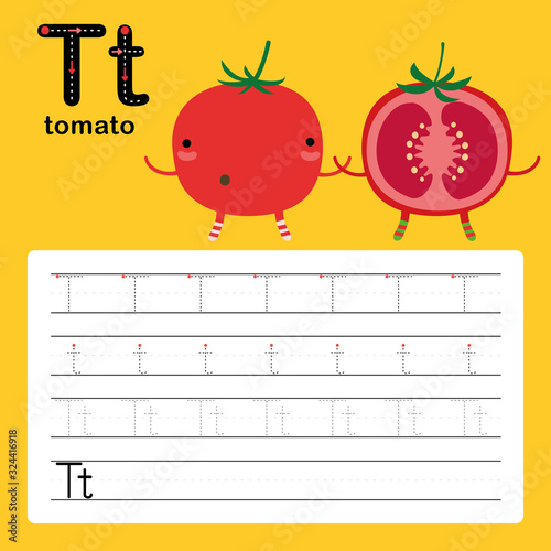 Alphabet tracing worksheet for preschool and kindergarten to improve basic writing skills, letter T, tomato, vector, illustration 