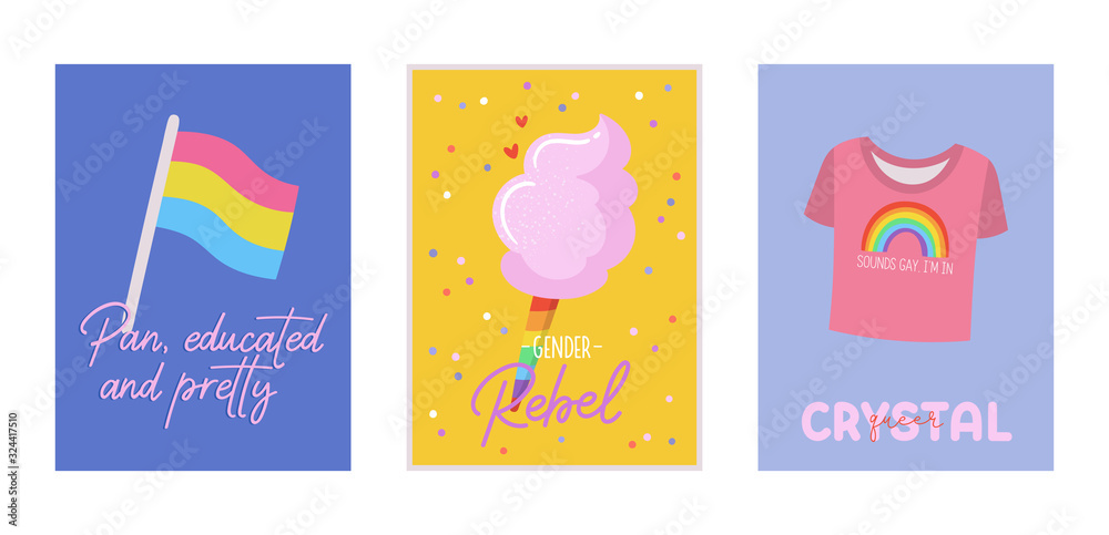 LGBTQ pride cards set. Beautiful and cute equality symbols and typography. Hand drawn vector illustration.