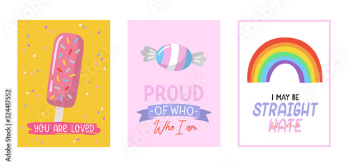 LGBTQ pride cards set. Beautiful and cute equality symbols and typography. Hand drawn vector illustration.