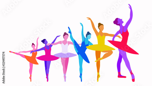 Dancer growth concept on a white background in bright colors. Vector illustration of six ballerinas grow up on a white background. A horizontal banner for a dance school to show success