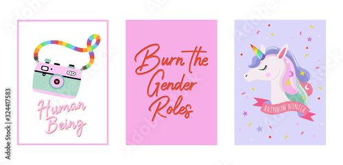 LGBTQ pride cards set. Beautiful and cute equality symbols and typography. Hand drawn vector illustration.
