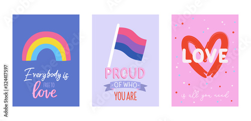 LGBTQ pride cards set. Beautiful and cute equality symbols and typography. Hand drawn vector illustration.