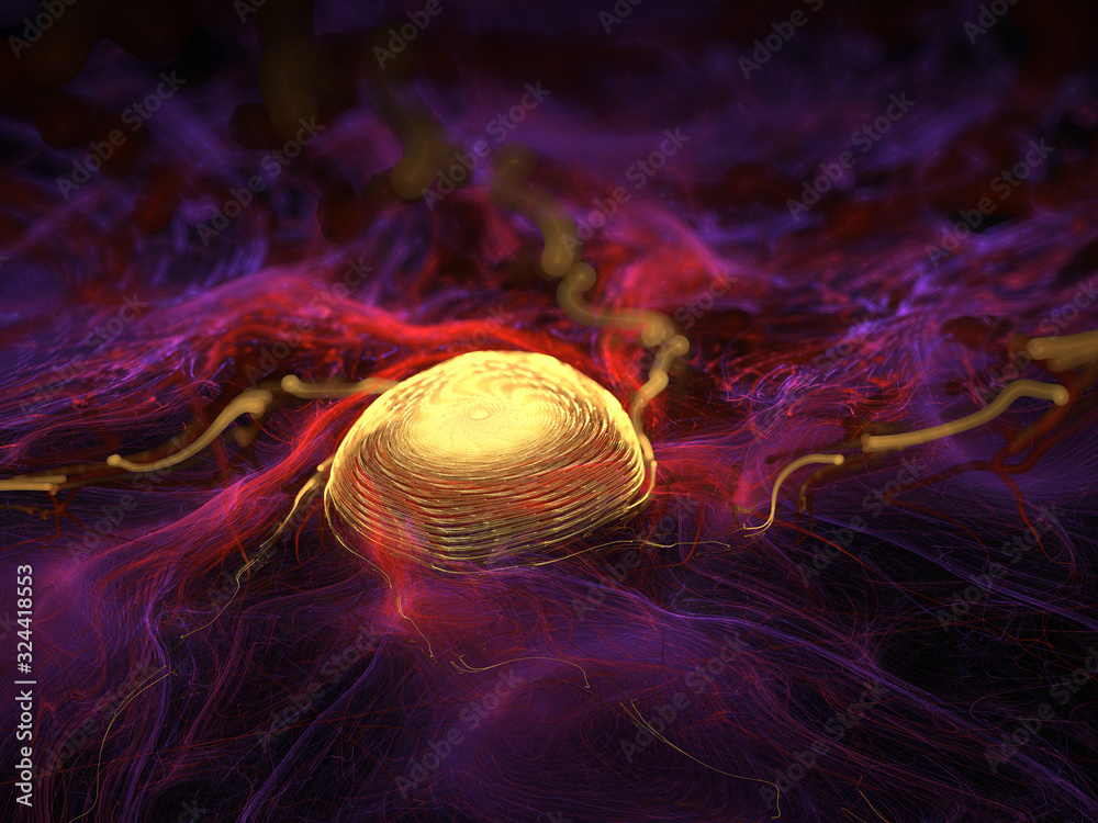 3D illustration - microscopic cells, cellular view intertwined strings ...