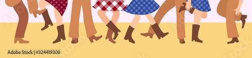 Obraz na płótnie Female and male legs in cowboy boots are knitted on a flat floor in a flat style. Vector illustration for a horizontal banner with tatsors in the American style. Western dance of people in traditional w salonie