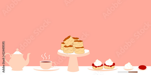 Set of traditional British cream tea with teapot, a cup of tea on a saucer, two scones with jam and cream on a plate, butter knife. Doodle afternoon tea,tea party, buttermilk biscuits background.  photo