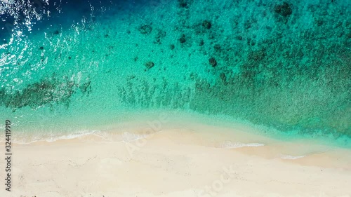 Abstract sea and sandy beach background. Overhead aerial, perfectly clear ocean water with corals. Luxury vacation concept photo