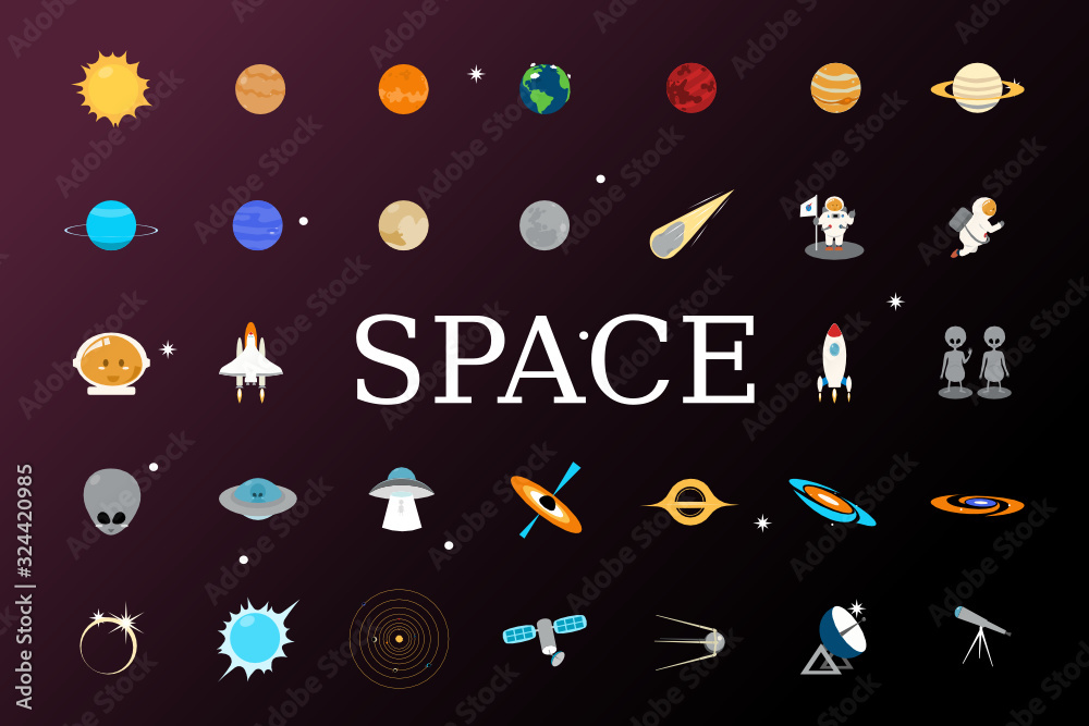 Vector illustration of space, universe. planets, comet, rockets.
