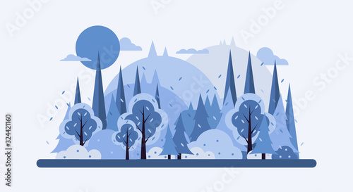 Flat landscape. Snowy background. Snowdrifts. Snowfall. Clear blue sky. Blizzard. Cartoon wallpaper. Cold weather. Winter season. Forest trees and mountains. Design for website