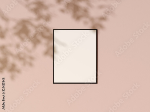 Fototapeta Naklejka Na Ścianę i Meble -  Vertical black frame mockup on the pink wall with plant shadows overlays. 3d illustrations.