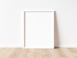 Vertical white frame mock up on wooden floor with white wall. 3D illustrations.