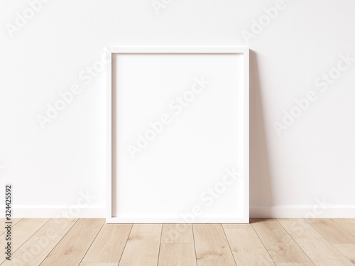 Vertical white frame mock up on wooden floor with white wall. 3D illustrations.
