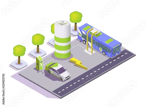 Electric eco transport, vector flat isometric illustration