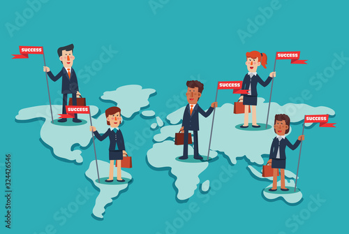 Businessmen and business women with flag on World Map. Concept of international partnership, success, cooperation and teamwork in business.