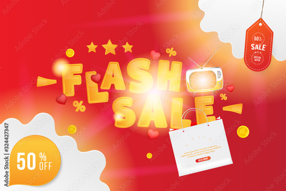 Flash sale of 50% special offer. Horizontal web banner with hot discounts and original font, retro TV and red hearts on a red background with clouds and light effects. Flat vector illustration EPS10