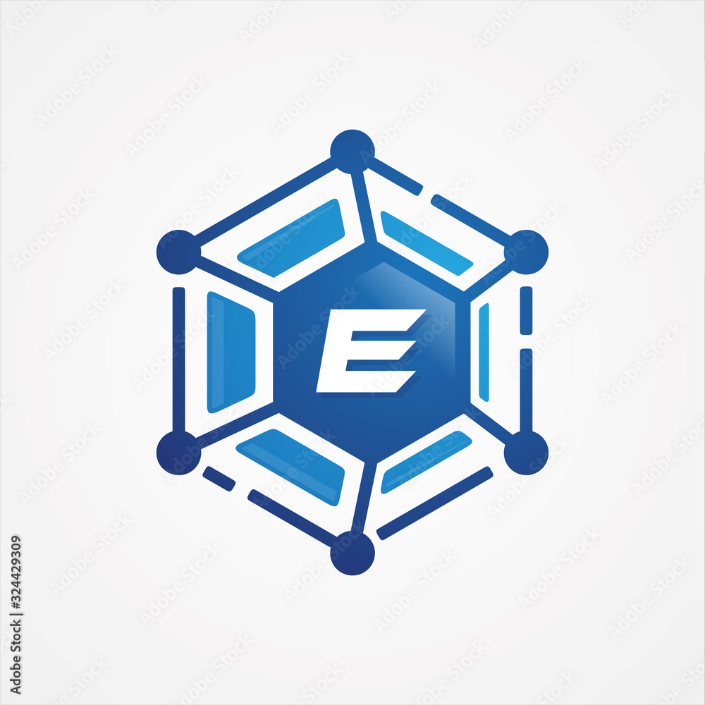 Technology design vector orbit shape hexagon with letter E symbol design minimalist Technology design vector orbit shape hexagon with letter E symbol design minimalist