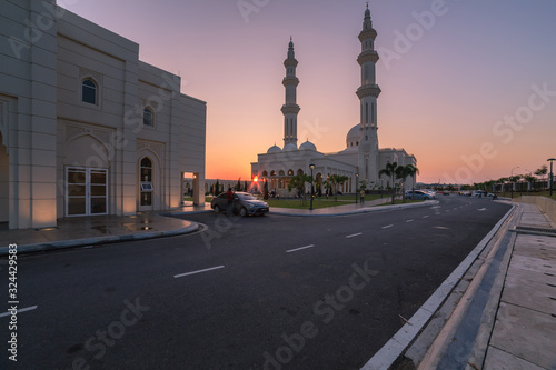 motion blur busy public entrance of a mosque in Negeri Sembilan, Malaysia