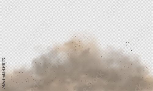 Dust cloud, sand storm, powder spray on transparent background. Desert wind with cloud of dust and sand. Realistic vector illustration.