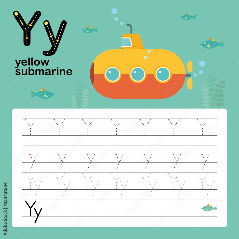 Naklejka premium Alphabet tracing worksheet for preschool and kindergarten to improve basic writing skills, letter Y, yellow submarine, vector, illustration 