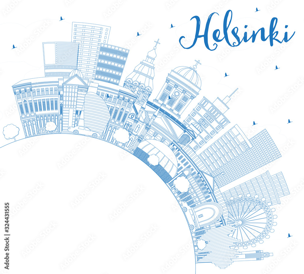 Outline Helsinki Finland City Skyline with Blue Buildings and Copy Space.