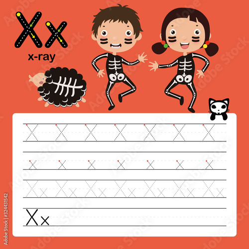 Alphabet tracing worksheet for preschool and kindergarten to improve basic writing skills, letter X, X-ray, vector, illustration 
