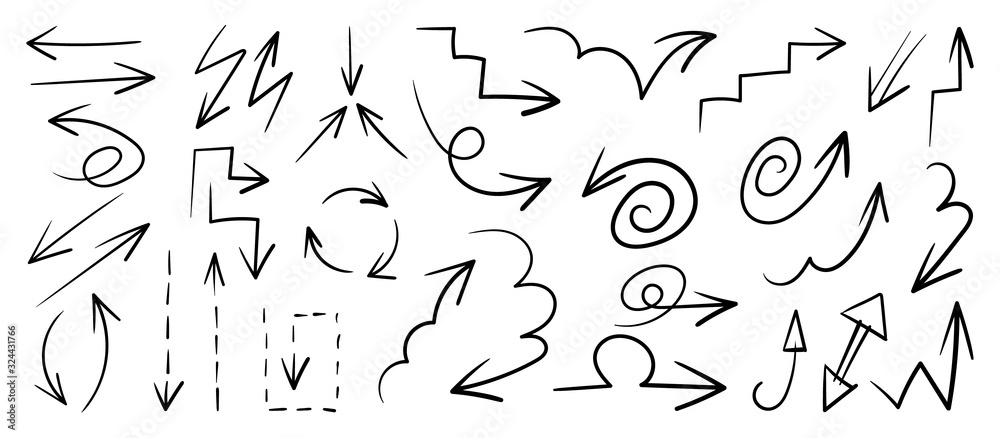 Arrows hand drawn doodle vector set. Sketch arrow design for application, banner, print screen, pen marks, map and typography design guide line.