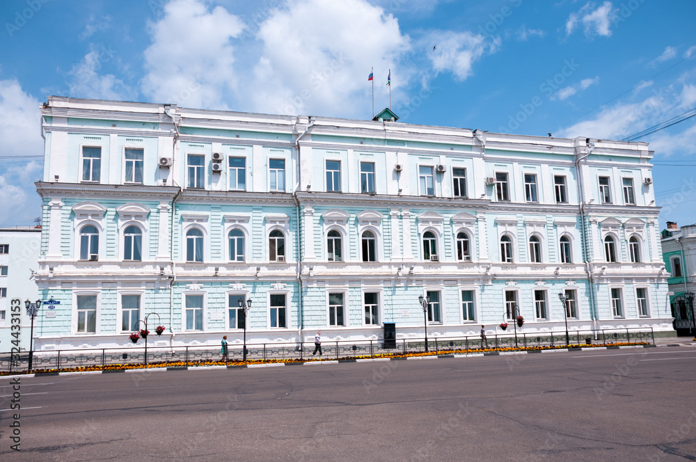 Russia, Blagoveshchensk, July 2019: Administration building in the city center in Blagoveshchensk in summer
