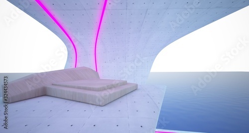 Abstract architectural concrete and wood interior of a modern villa on the sea with colored neon lighting. 3D illustration and rendering.