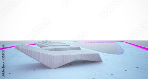 Abstract architectural concrete and wood interior of a modern villa on the sea with colored neon lighting. 3D illustration and rendering.