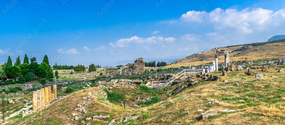 The ruins of the ancient city of Hierapolis in Pamukkale, Turkey