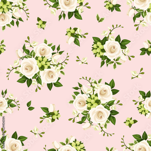 Vector seamless pattern with white roses and freesia flowers and green leaves on a pink background.