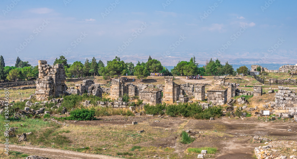 The ruins of the ancient city of Hierapolis in Pamukkale, Turkey