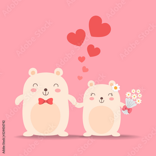 Little cute bears in love, wedding couple. Vector illustration.
