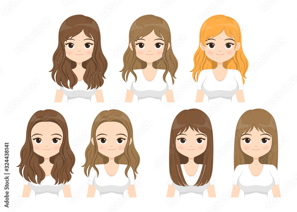Young woman with different hair styles isolated on white background. Vector illustration. Young woman with different hair styles isolated on white background. Vector illustration.