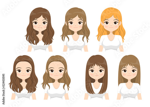 Young woman with different hair styles isolated on white background. Vector illustration.