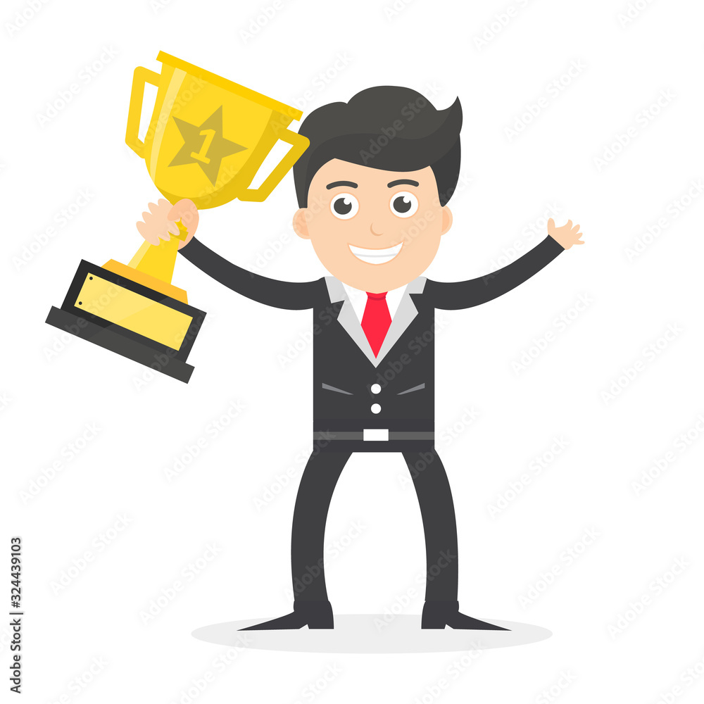 business man is happy with his success holding the award trophy vector illustration flat design business man is happy with his success holding the award trophy vector illustration flat design