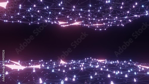 Abstract line lighting frame structure pattern wireframe polygon futuristic particle Lock icon 3D rendering, Firewall digital technology on black background seamless looping animation 4K, copy space