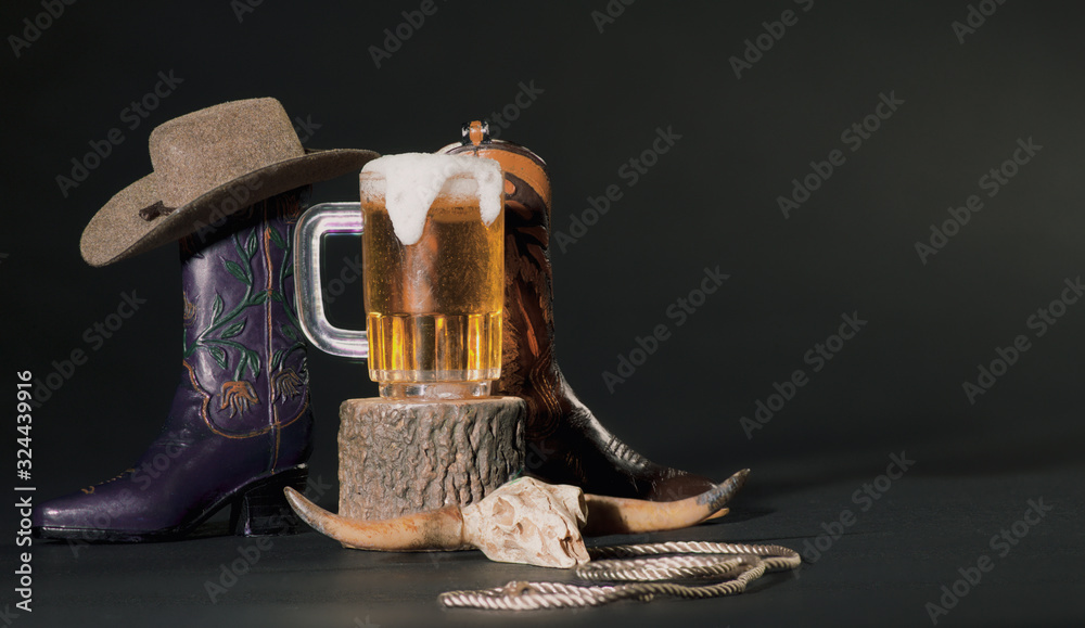 Purple and Tan Cowboy Boots, Mug of Beer, Animal Skull, Cowboy H foto de  Stock | Adobe Stock