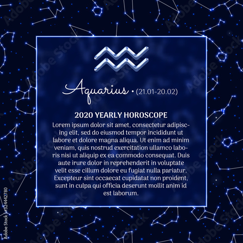 Aquarius astrology horoscope prediction for 2020 year. Luminous zodiac signs on blue background. Aquarius star sign, dates of birth and personality traits. Mystical vector design of yearly horoscope.